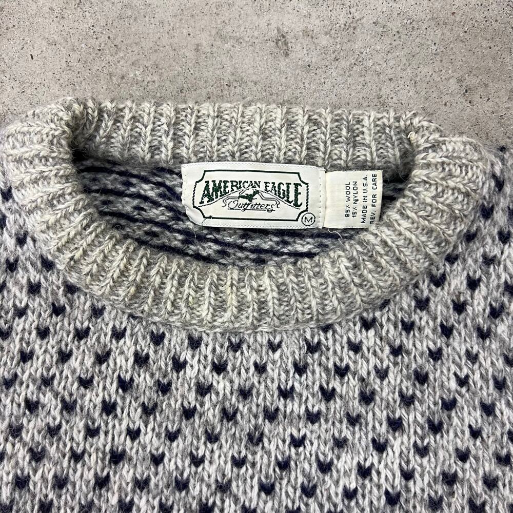 Vintage Gray Navy Birdseye USA Made American Eagle Wool Sweater Fisherman Knit M - Picture 4 of 8